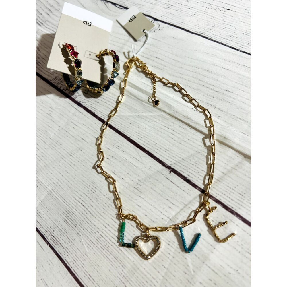 BP. Gold Plated LOVE Chain Link Necklace with Jeweled Hoop Earrings